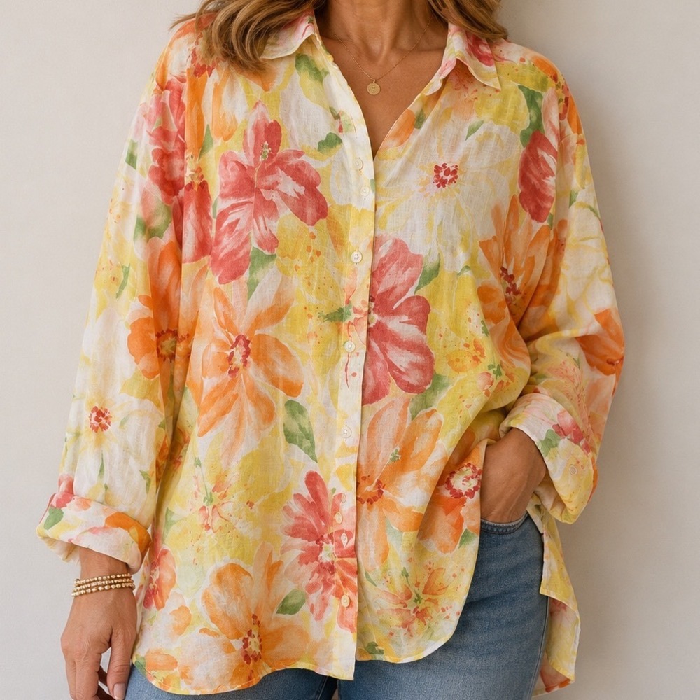 Liz Claiborne 100% LINEN Shirt Large Floral Coastal Grandmother Button Up